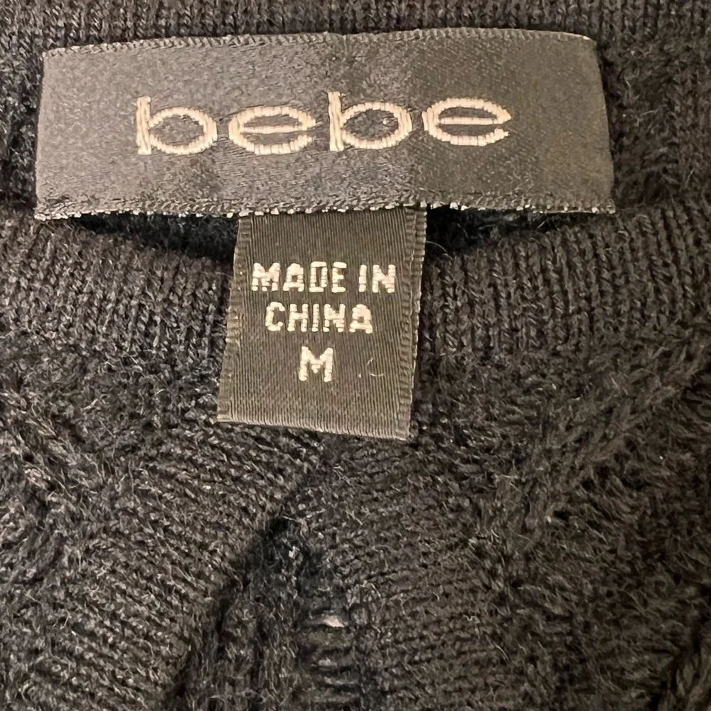 BEBE Black Knit Long Puff Sleeves Front Keyhole Dress LBD Size M